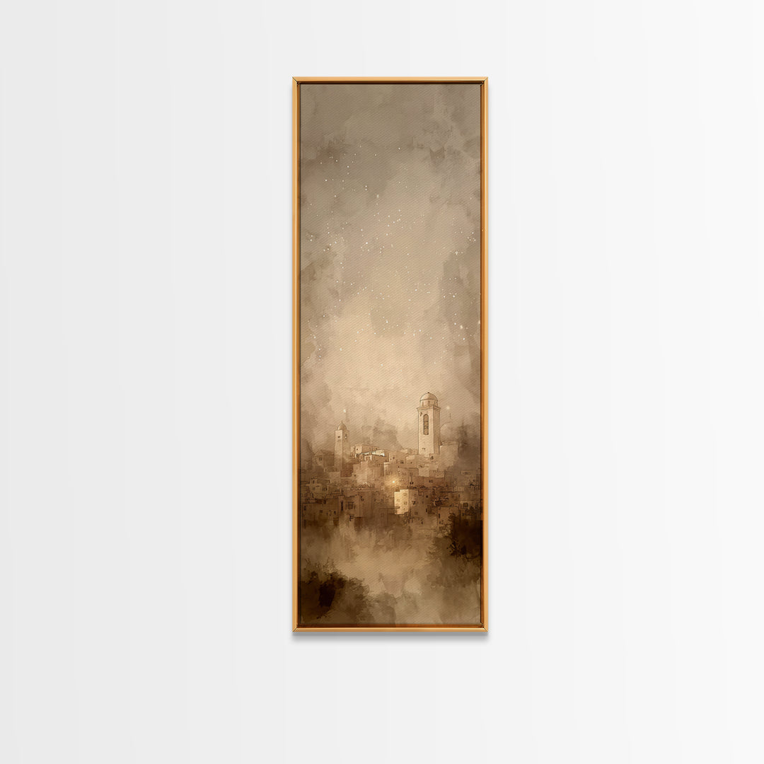 Sacred City Dawn – Framed Canvas Print – Christian Art – Christmas Art Prints – Narrow Art – Christian Wall Art – Modern Christian Art