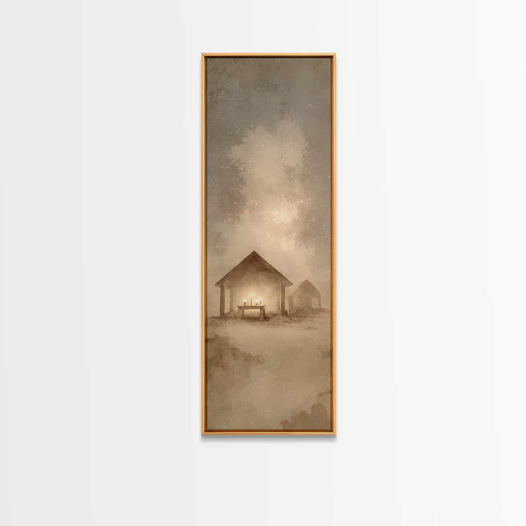 Sacred Stable Glow – Framed Canvas Print – Christian Art Canvas – Framed Christmas Art – Christian Art – Skinny Art