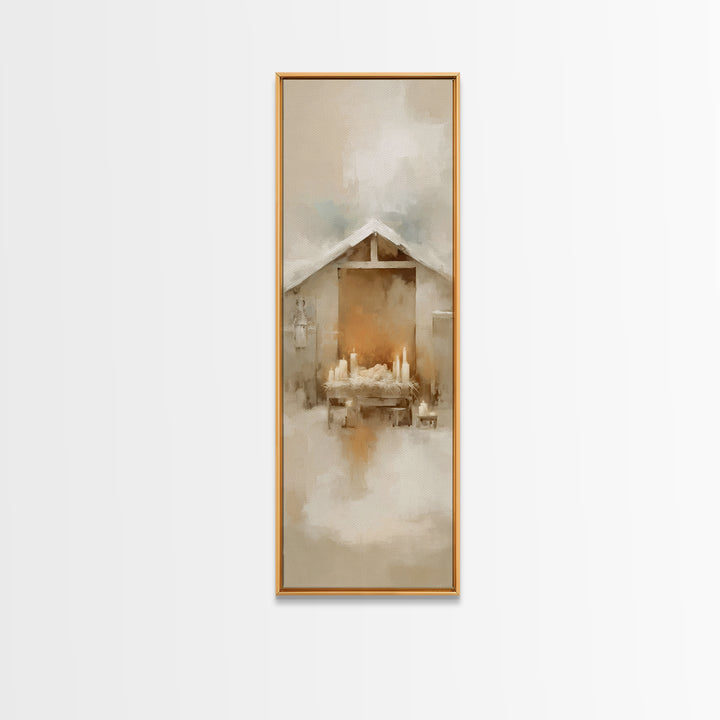 Humble Nativity Peace – Framed Canvas Print – Christian Art Work – Christmas Wall Art – Modern Christian Art – Narrow Art