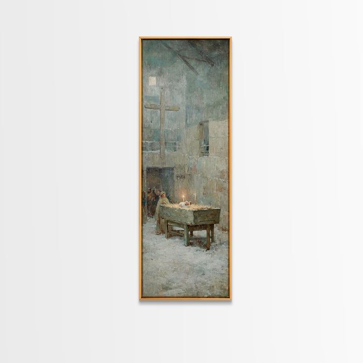 Soft Manger Dawn – Framed Canvas Print – Christian Art Canvas – Christmas Art – Subtle Christian Art – Tall Narrow Wall Art