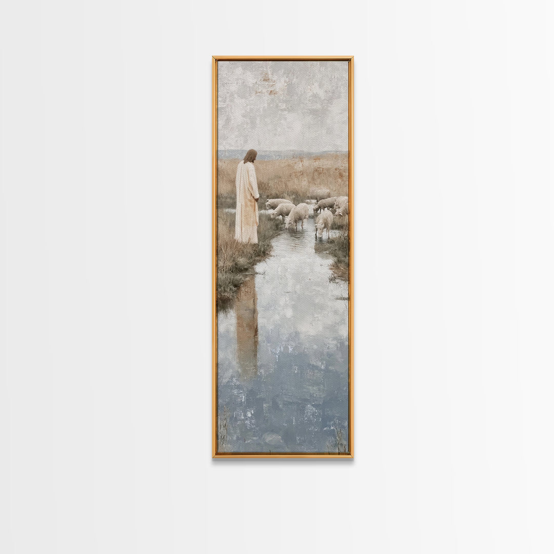 Pasture of Gentle Faith | Framed Canvas Print | Christian Wall Art | Jesus Painting | Narrow Art | Christian Art Canvas | Christmas Art | C