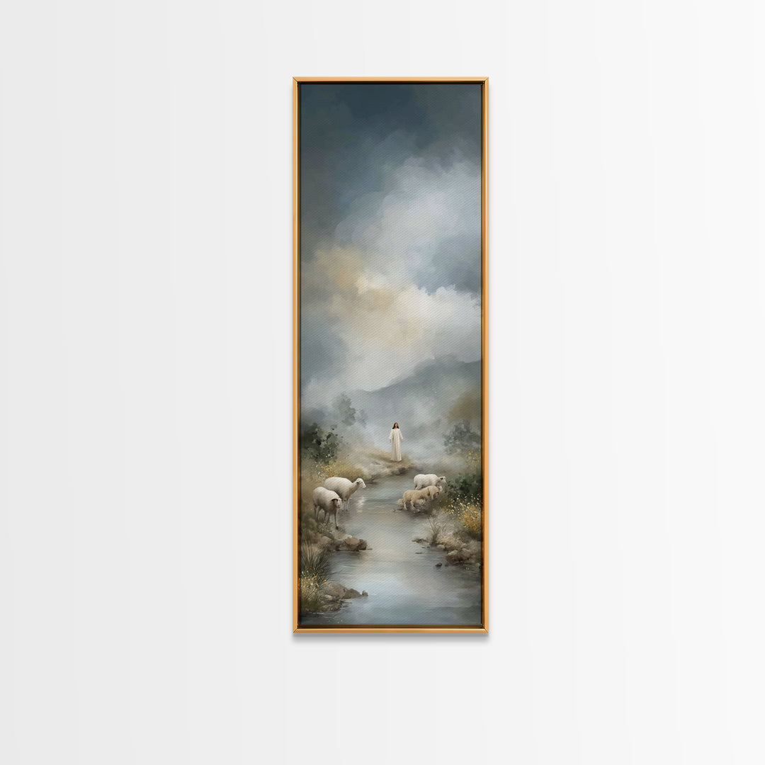 Shepherd’s Living Waters, Framed Canvas Print, Christian Art Canvas, Jesus Painting, Christian Wall Art, Tall Skinny Art Print, Christian D