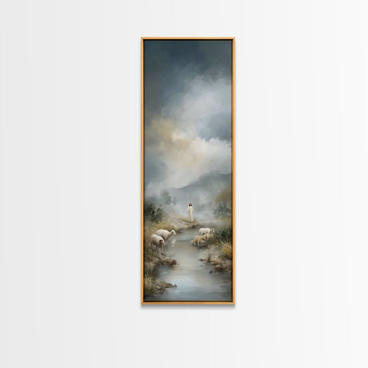 Shepherd’s Living Waters, Framed Canvas Print, Christian Art Canvas, Jesus Painting, Christian Wall Art, Tall Skinny Art Print, Christian D