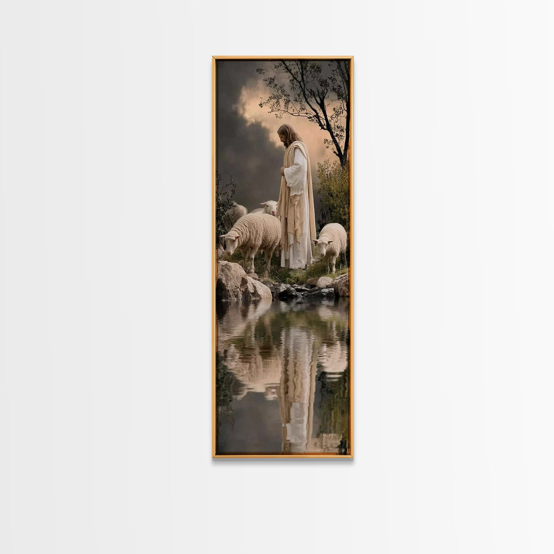 Shepherd’s Calm Grace – Framed Canvas Print – Christian Wall Art – Jesus Painting – Christian Art Canvas – Tall Narrow Wall Art – Christian