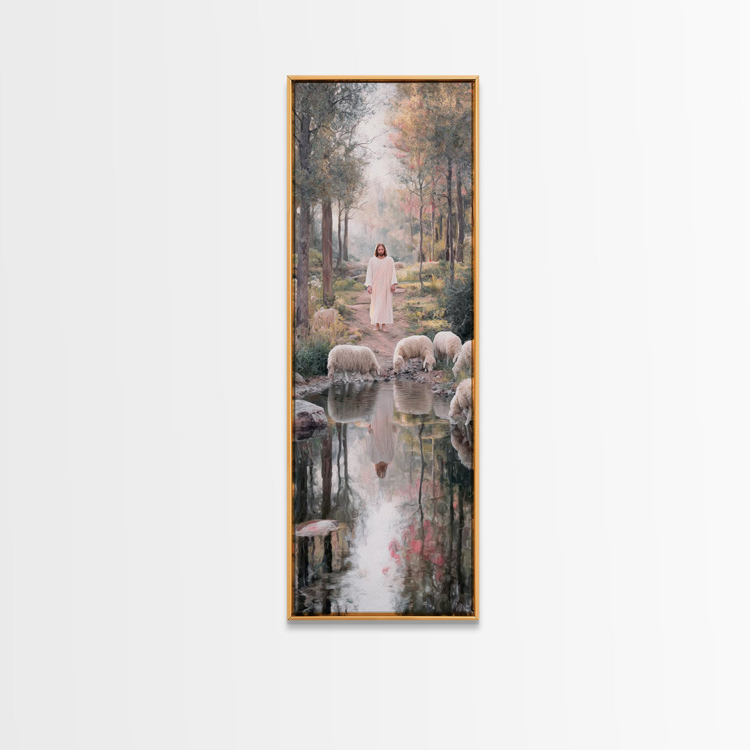 Forest Path Savior | Framed Canvas Print | Christian Art Canvas | Jesus Painting | Christian Wall Art | Tall Skinny Art Print | Christian C