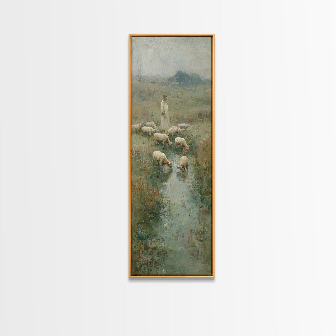 Shepherd’s Quiet Meadow – Framed Canvas Print – Christian Art Canvas – Christian Wall Art – Jesus Painting – Narrow Art – Christian Christm