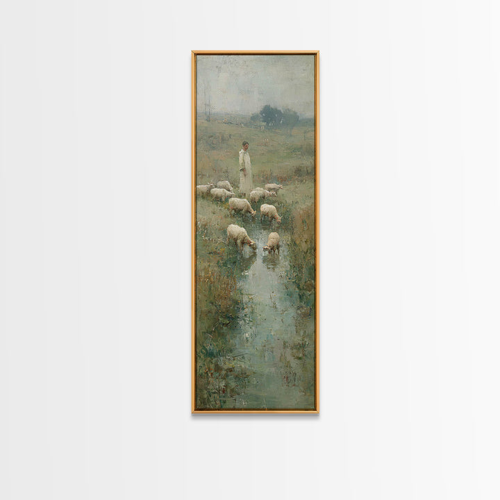 Shepherd’s Quiet Meadow – Framed Canvas Print – Christian Art Canvas – Christian Wall Art – Jesus Painting – Narrow Art – Christian Christm