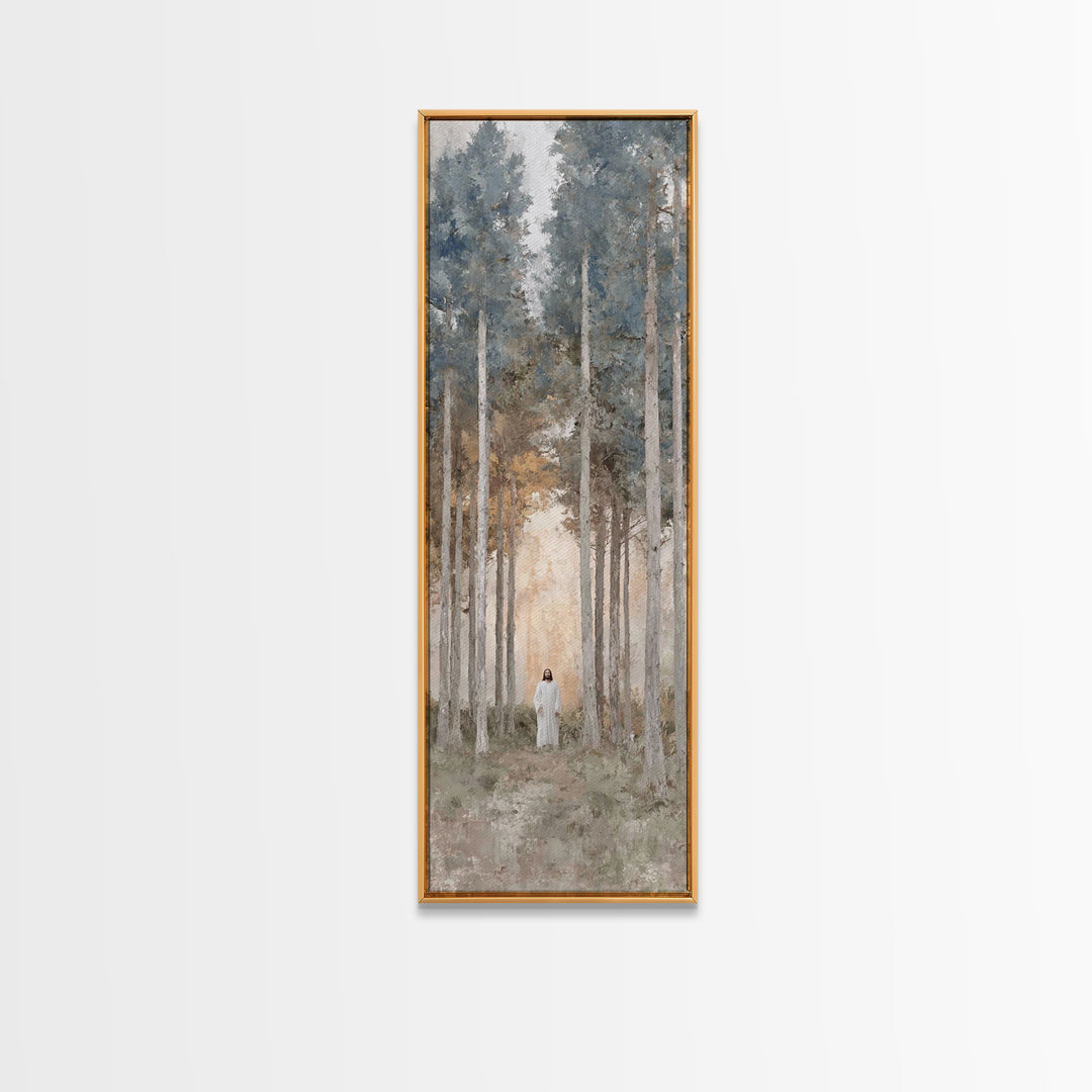Light Through The Pines, Framed Canvas Print, Christian Art Canvas, Christian Wall Art, Jesus Painting, Skinny Art, Christian Christmas Art