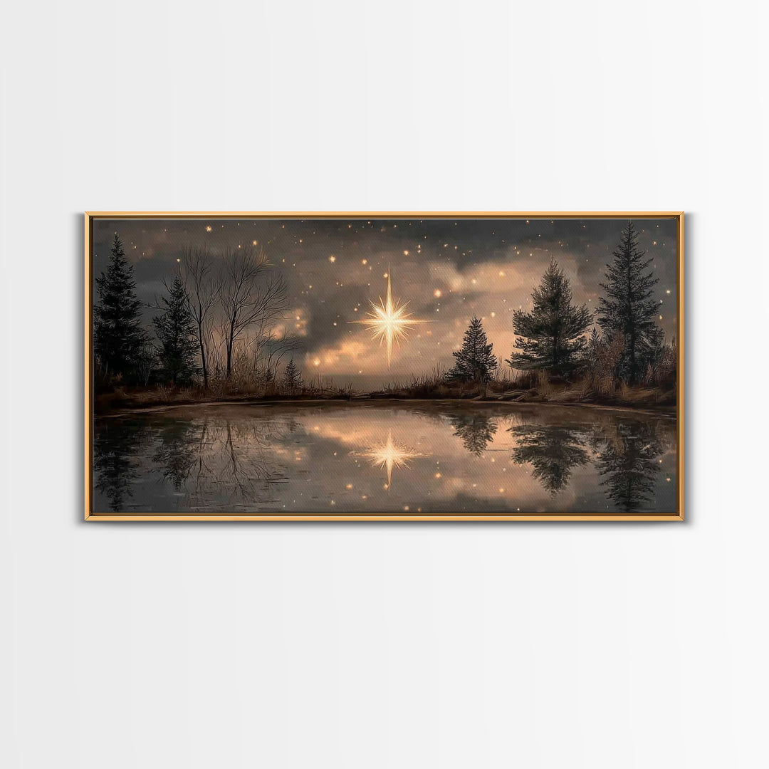 Night Star Reflection, Framed Canvas Print, Christian Art Canvas, Christmas Wall Art, Christian Christmas Art, Moody Christmas Art, Christi