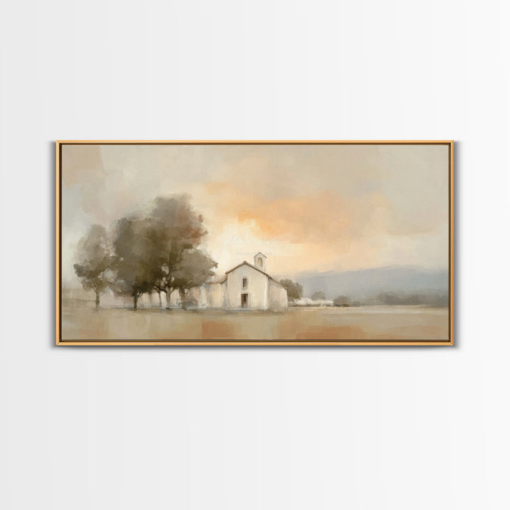 Chapel At Dawn – Framed Canvas Print – Christian Wall Art – Minimalist Christian Art – Christian Art Canvas – Modern Christian Painting – P