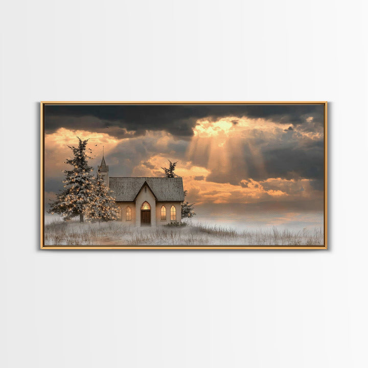 Light Of The Chapel – Framed Canvas Print – Christmas Art – Christian Christmas Art – Christian Wall Art – Christian Art Canvas – Winter Ch