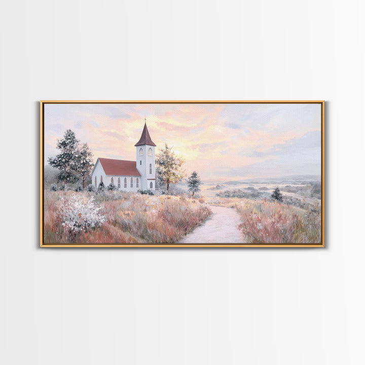 Sunrise Church Path – Framed Canvas Print – Christian Wall Art – Christian Art Canvas – Christian Art Work – Large Christian Art – Subtle C