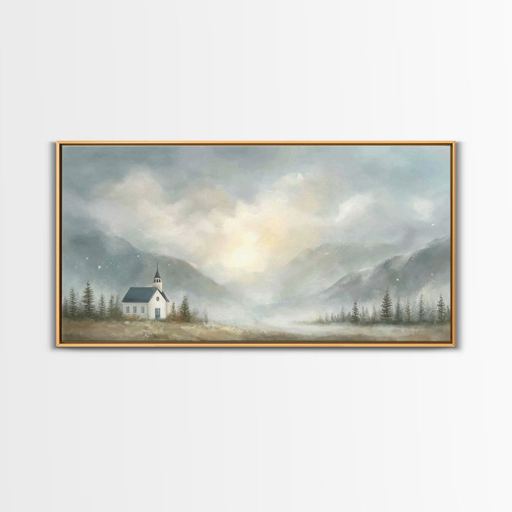 Mountain Chapel Light – Framed Canvas Print – Christian Art Canvas – Christian Wall Art – Moody Christian Art – Christian Painting – Modern