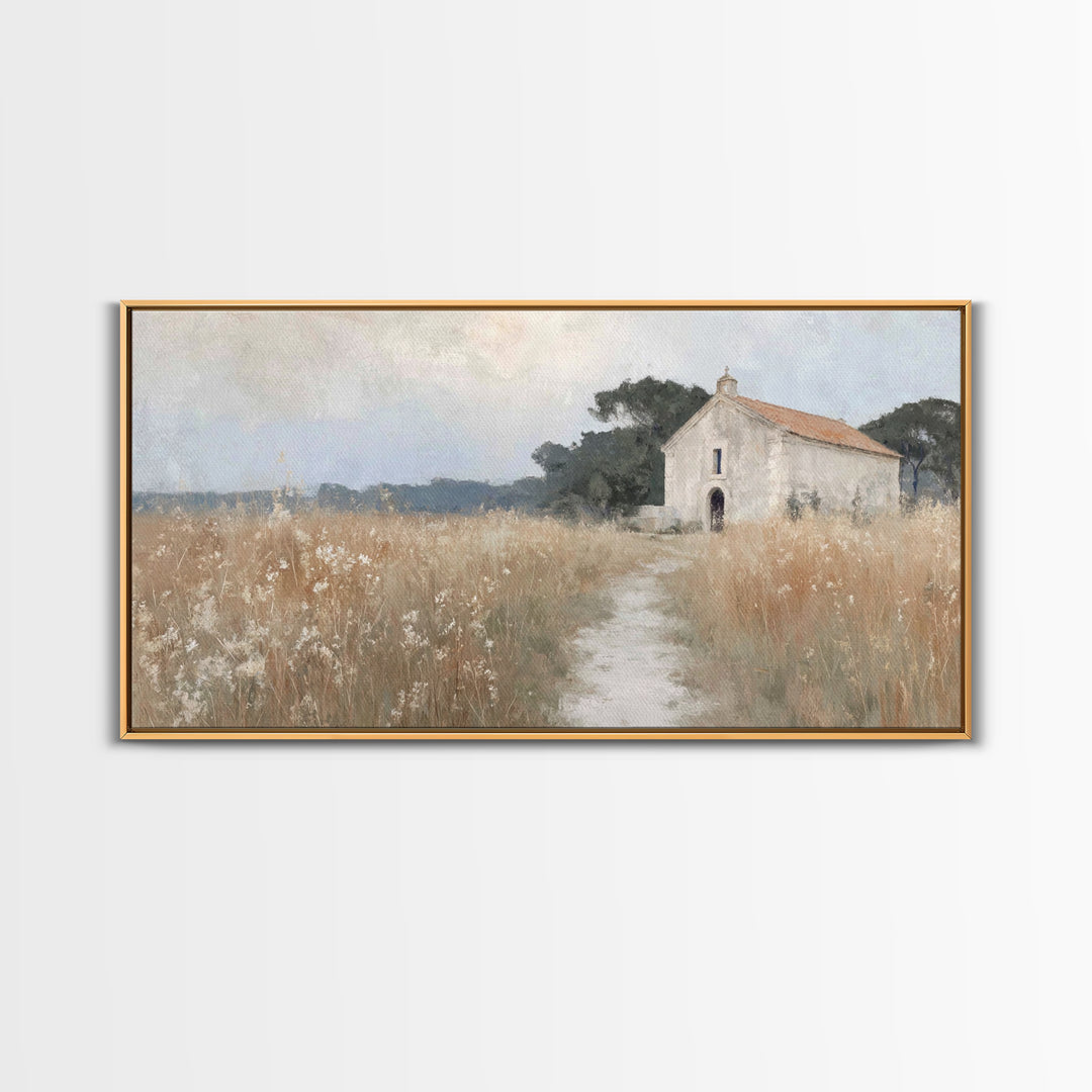 Fieldside Chapel Rest – Framed Canvas Print – Christian Art Work – Christian Wall Art – Christian Art Canvas – Christian Decor – Minimalist