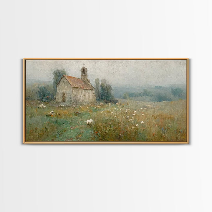Quiet Chapel Meadow – Framed Canvas Print – Christian Art Canvas – Vintage Christian Art – Christian Painting – Christian Wall Art – Christ