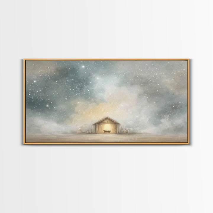 Manger Under Heaven, Framed Canvas Print, Christian Art Canvas, Christmas Art, Christian Christmas Art, Christian Wall Art