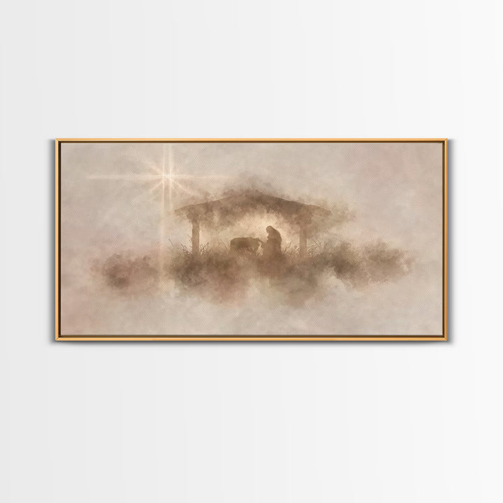 Gentle Nativity Mist | Framed Canvas Print | Christian Christmas Art | Christian Wall Art | Christian Art Canvas | Christmas Art