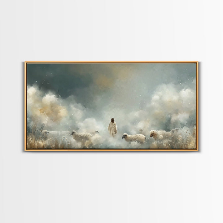 Heavenly Shepherd Light – Framed Canvas Print – Christian Wall Art – Jesus Painting – Christian Art Canvas – Christmas Art – Christian Deco
