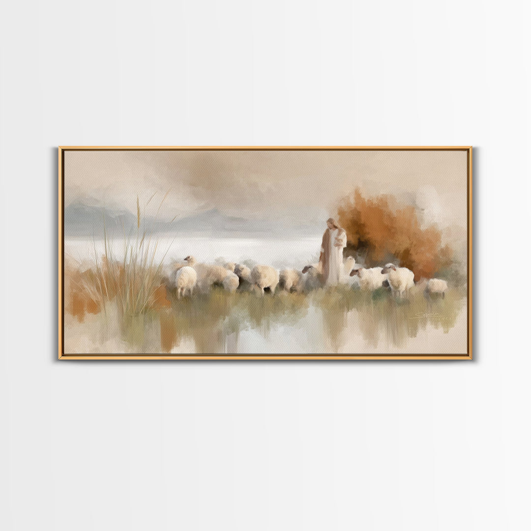 Hillside Shepherd Calm | Framed Canvas Print | Christian Art Canvas | Christian Wall Art | Jesus Painting | Christian Christmas Art | Uniqu