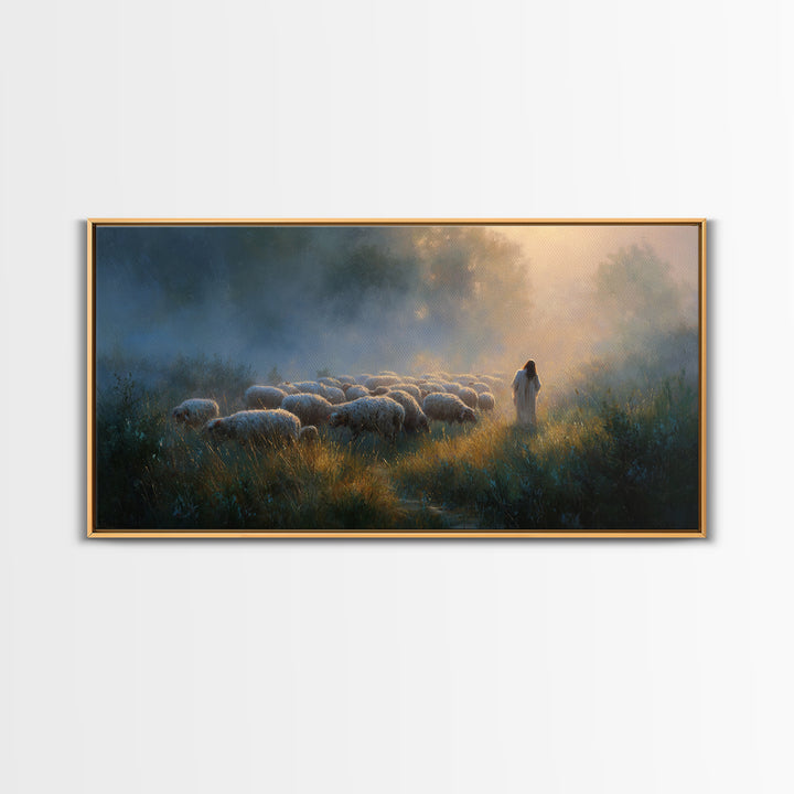 Shepherd’s Meadow Light | Framed Canvas Print | Christian Art Canvas | Christian Wall Art | Jesus Painting | Christmas Art | Vintage Christ