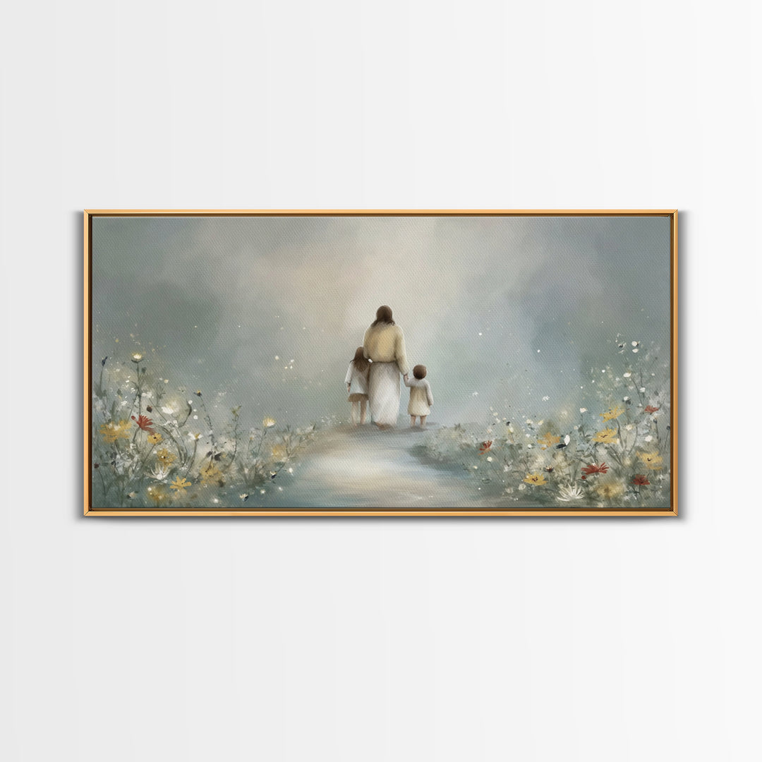 Heaven’s Meadow Path | Framed Canvas Print | Jesus Painting | Christian Art Canvas | Christian Wall Art | Modern Christian Art | Christian