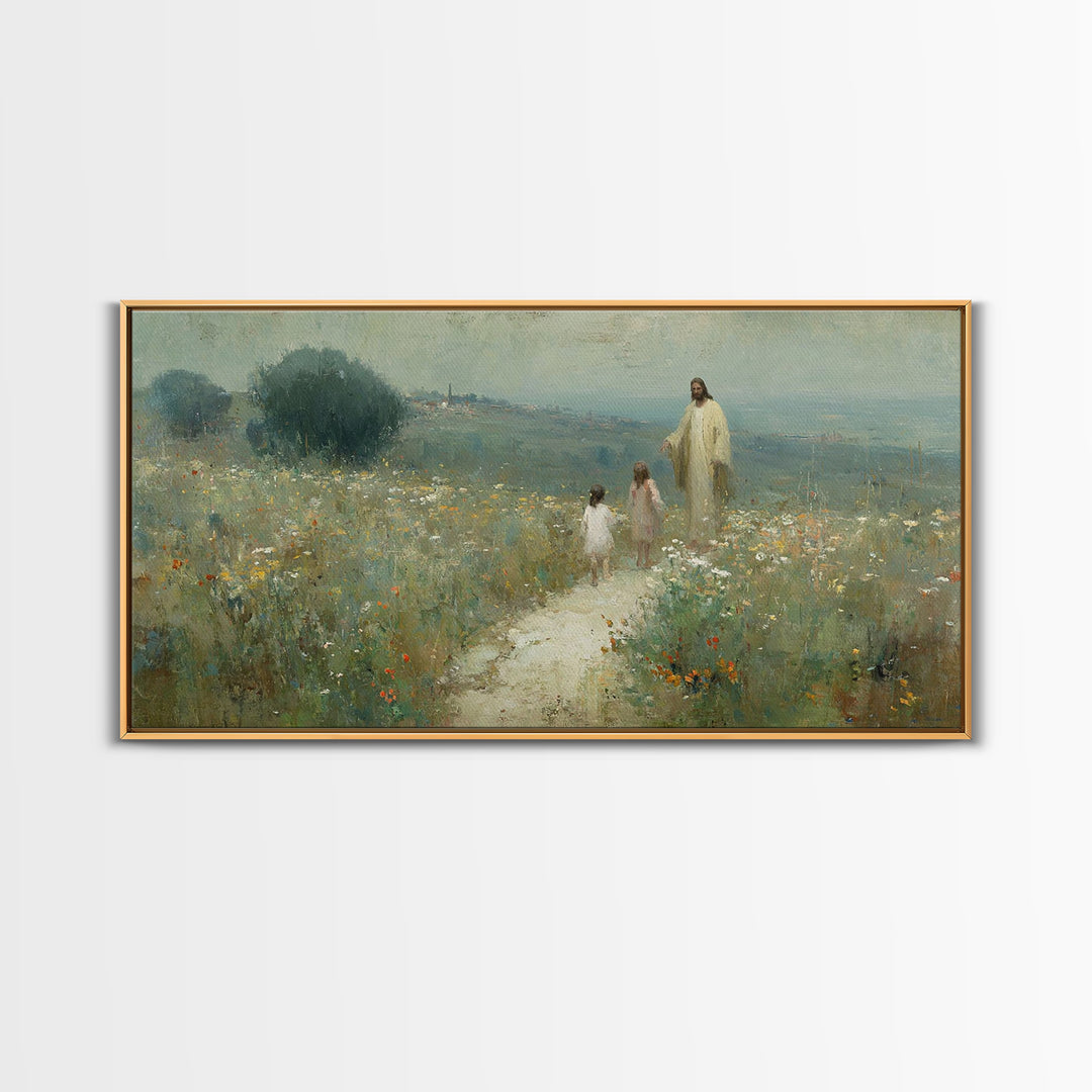 Hillside Promise Walk | Framed Canvas Print | Christian Art Canvas | Christian Wall Art | Jesus Painting | Christian Art Print | Christian