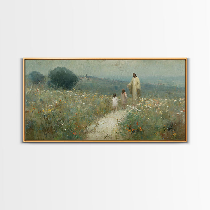 Hillside Promise Walk | Framed Canvas Print | Christian Art Canvas | Christian Wall Art | Jesus Painting | Christian Art Print | Christian