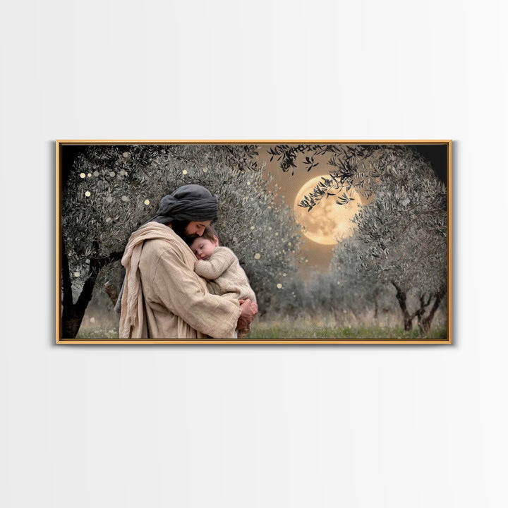 Moonlit Comfort | Framed Canvas Print | Jesus Wall Art | Christian Christmas Art | Christian Art Painting | Unique Christian Art