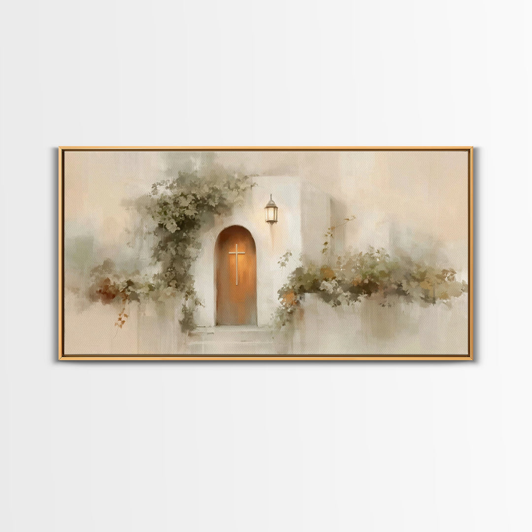 Cross At The Door | Framed Canvas Print | Christian Wall Art | Christian Christmas Art | Christian Art Canvas | Christian Decor | Modern Ch
