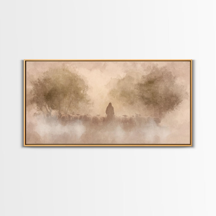 Shepherd’s Dawn Glow | Framed Canvas Print | Christian Art Canvas | Jesus Painting | Christian Wall Art | Moody Christian Art | Christmas W
