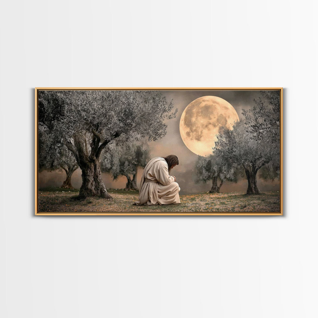 Moonlit Prayer – Framed Canvas Print | Christian Wall Art | Jesus Painting | Christian Art Canvas | Modern Christian Art | Christian Christ
