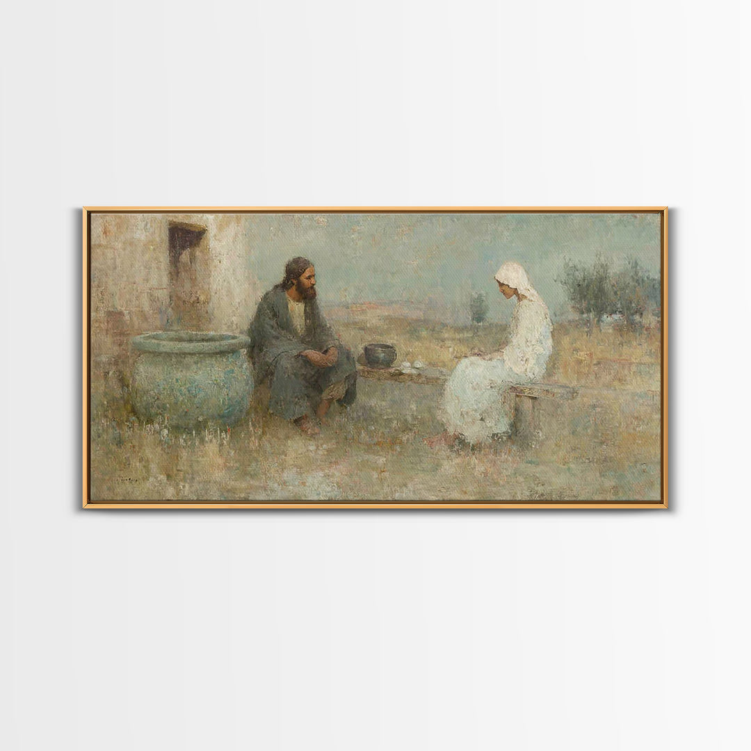 Quiet Well Encounter – Framed Canvas Print – Christian Art Canvas – Christian Painting – Subtle Christian Art – Christian Wall Art – Christ