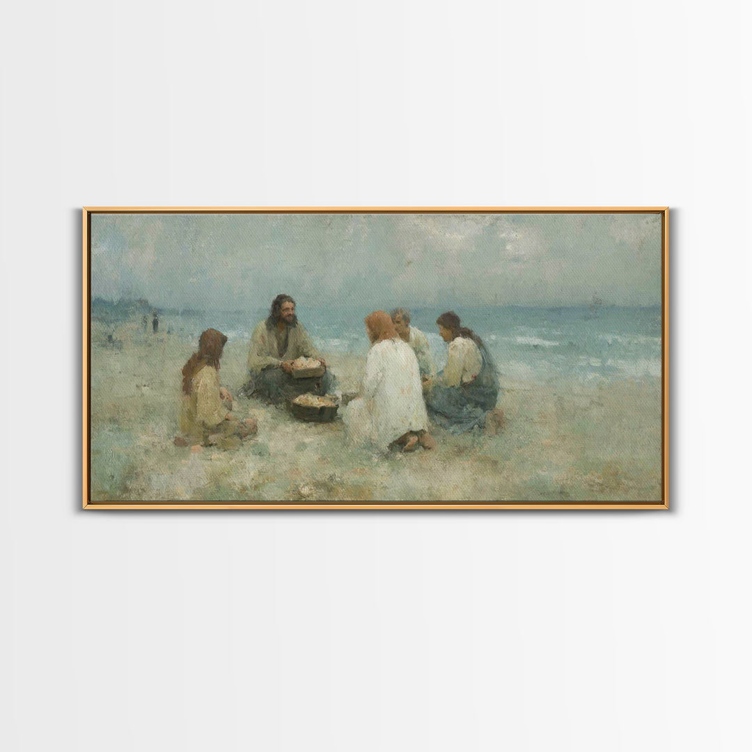 Shoreline Gathering – Framed Canvas Print – Christian Wall Art – Christian Art Canvas – Jesus Painting – Large Christian Art – Christian Gi