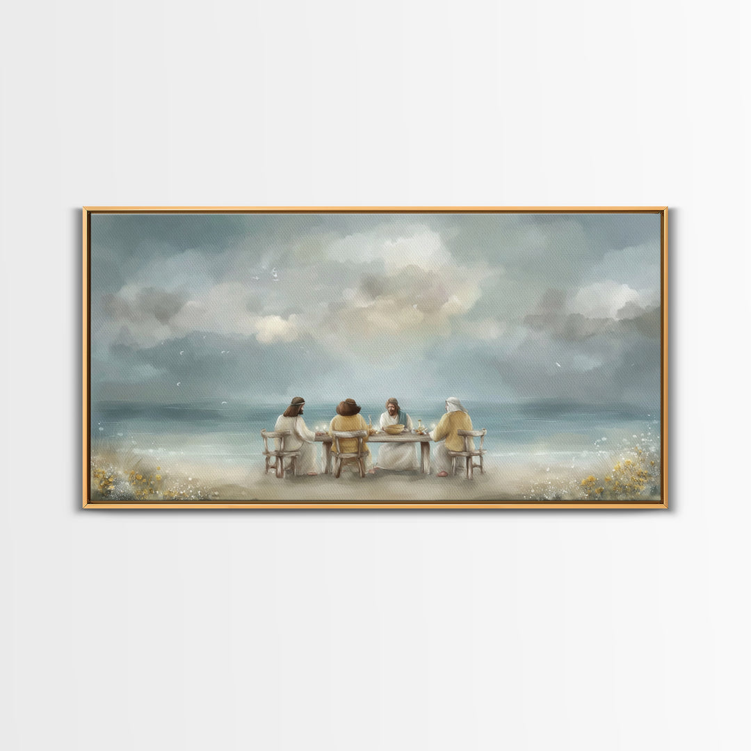 Seaside Supper, Framed Canvas Print, Christian Art Canvas, Christian Wall Art, Modern Christian Painting, Jesus Art Print, Christian Gift I