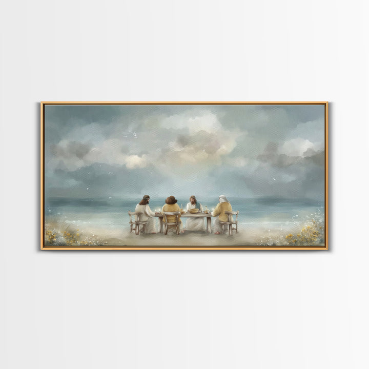 Seaside Supper, Framed Canvas Print, Christian Art Canvas, Christian Wall Art, Modern Christian Painting, Jesus Art Print, Christian Gift I