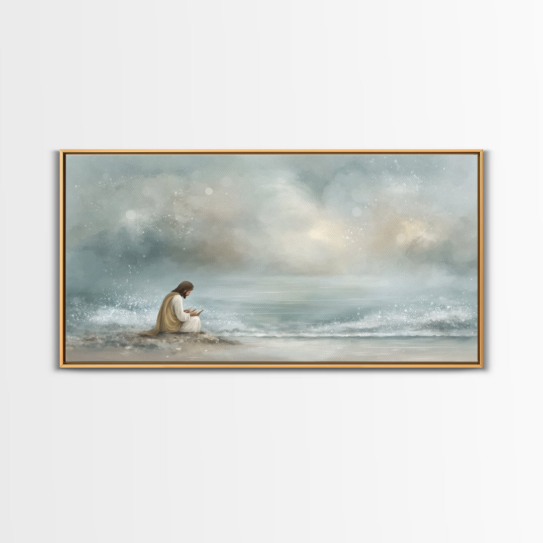 Shoreline Hope – Framed Canvas Print – Christian Art Canvas – Christian Wall Art – Jesus Painting – Minimalist Christian Art – Christian Gi