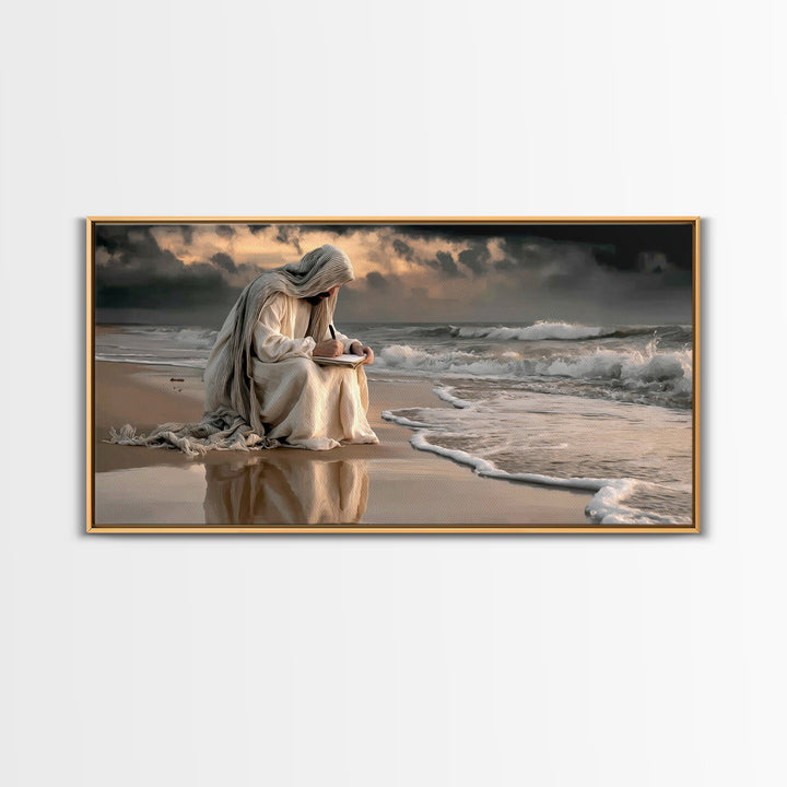 Shoreline Grace – Framed Canvas Print – Christian Wall Art – Jesus Painting – Modern Christian Art – Christian Christmas Art – Large Jesus