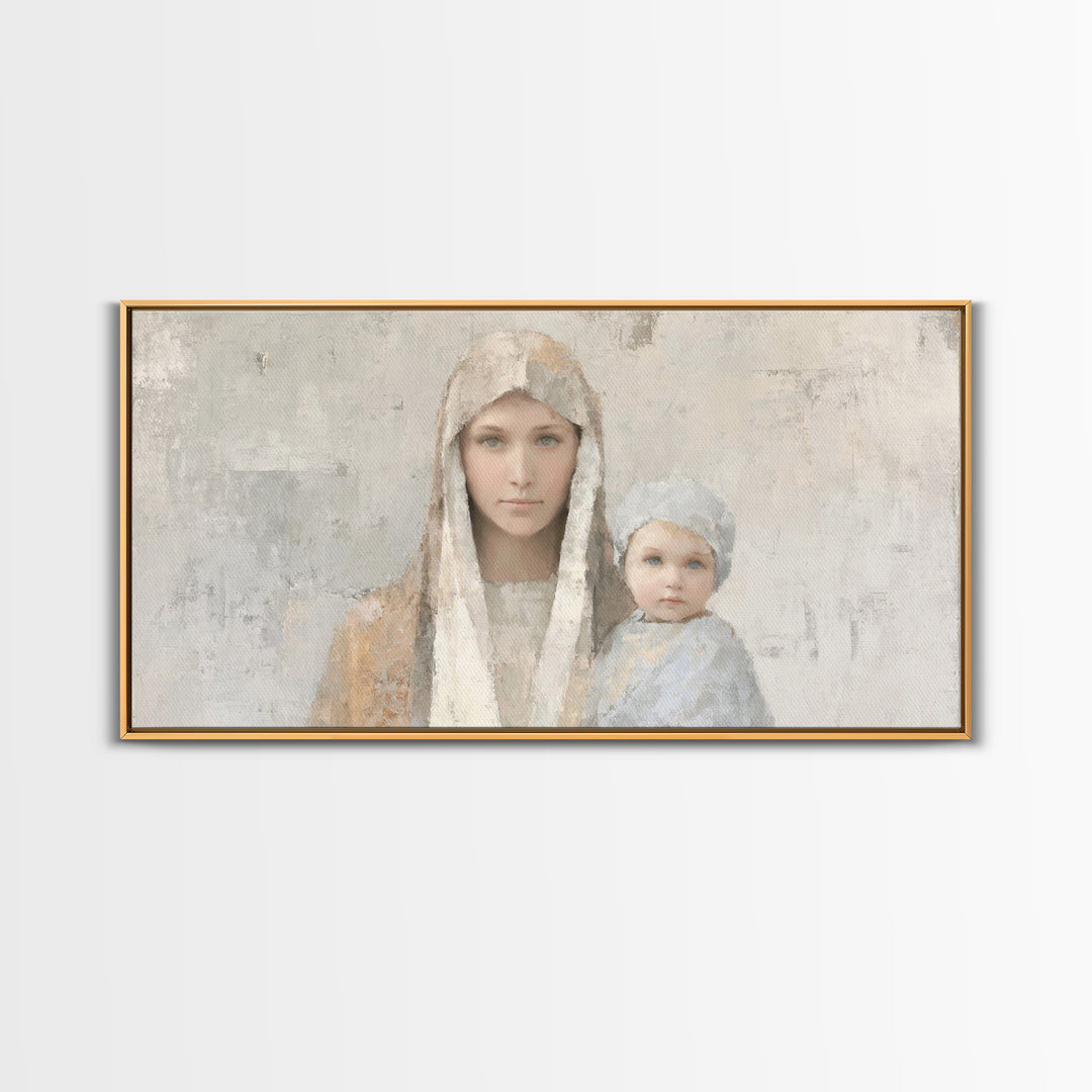 Mother’s Embrace, Framed Canvas Print, Christian Art Canvas, Mary and Jesus Painting, Christmas Wall Art, Christian Christmas Art, Modern C