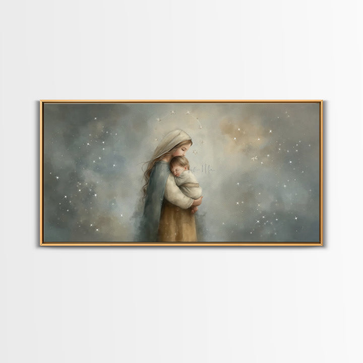 Starry Night Tenderness – Framed Canvas Print – Christian Christmas Art – Christian Art Gift – Mary and Jesus Painting – Christian Wall Art