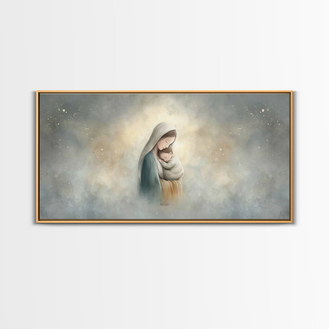 Sacred Embrace – Framed Canvas Print – Christian Art Canvas – Christian Wall Art – Jesus Painting – Christmas Art – Christian Christmas