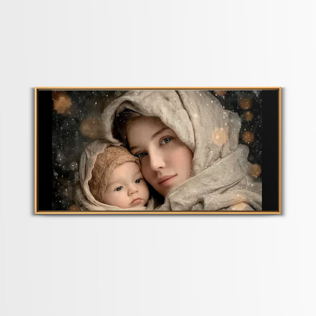 Winter Haven | Framed Canvas Print | Christian Wall Art | Christian Art Canvas | Mary And Jesus Painting | Christmas Art | Christian Art