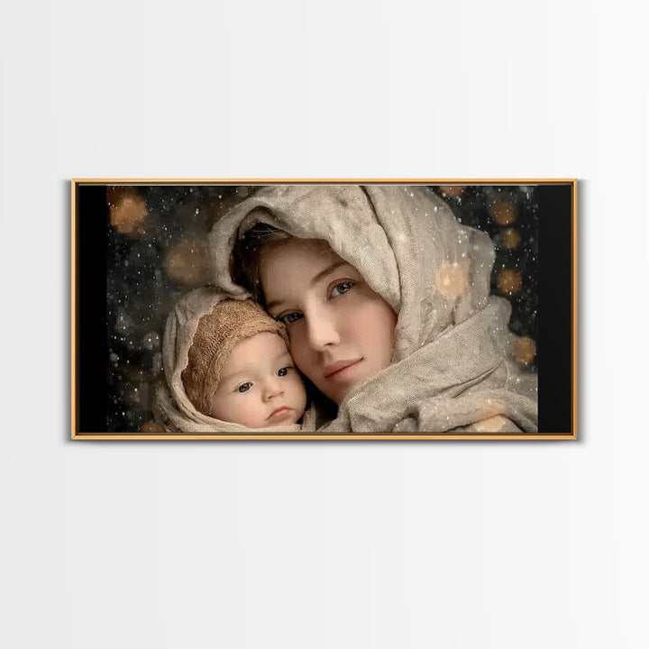 Winter Haven | Framed Canvas Print | Christian Wall Art | Christian Art Canvas | Mary And Jesus Painting | Christmas Art | Christian Art