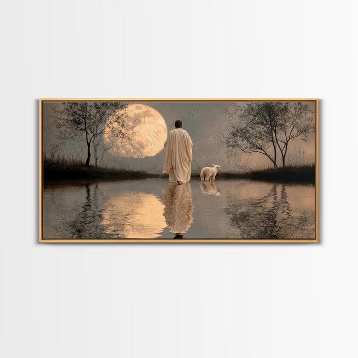 Moonlit Shepherd Calm – Framed Canvas Print – Christian Art Canvas – Christian Wall Art – Jesus Painting – Christian Christmas Art