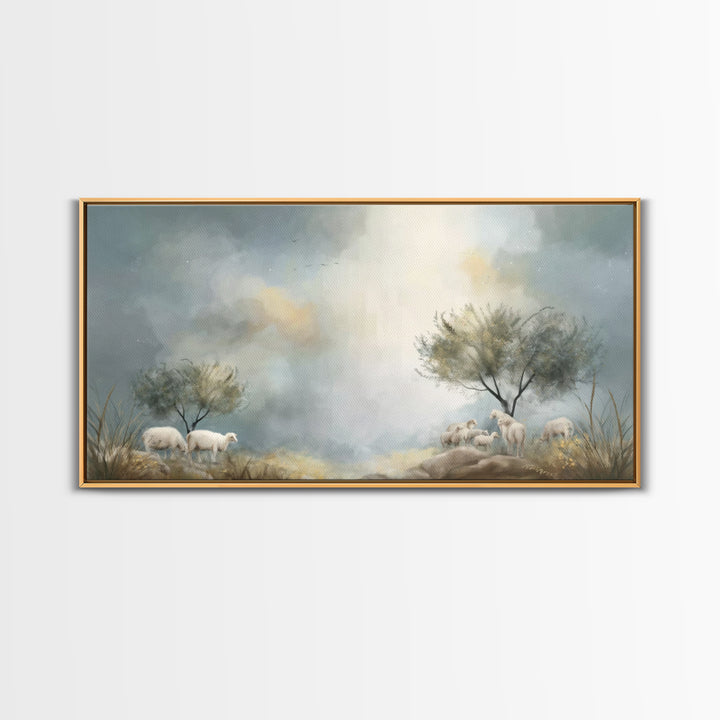 Sacred Pasture Stillness – Framed Canvas Print – Christian Art Print – Jesus Painting – Christian Wall Art – Christmas Canvas Wall Art – Ch