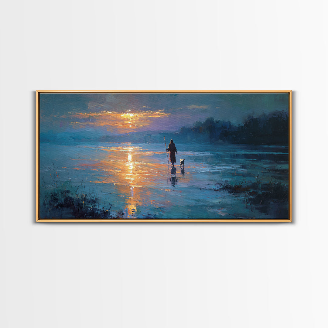 Evening Shepherd Walk - Framed Canvas Print - Christian Wall Art - Jesus Painting - Christian Christmas Art - Christian Art Canvas