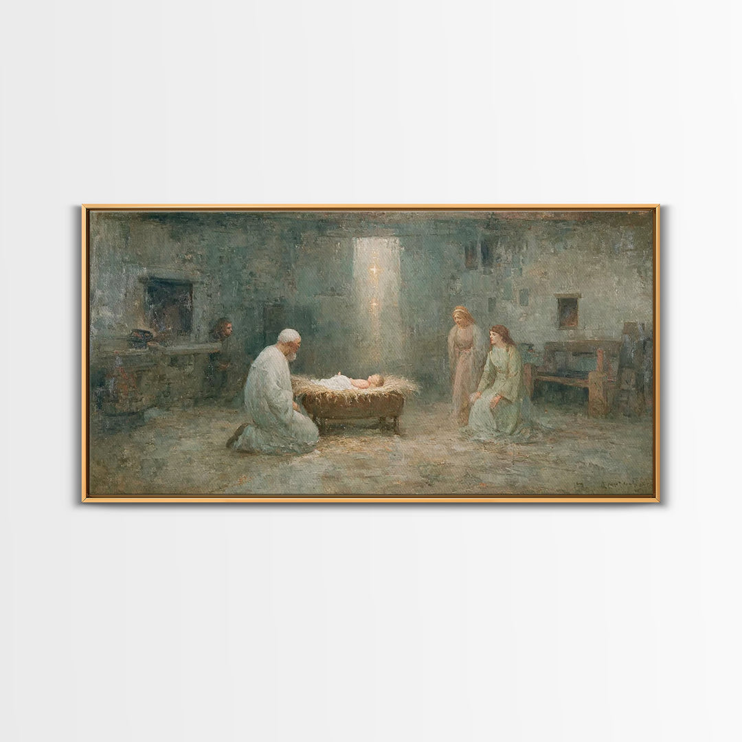 Nativity Reverence, Framed Canvas Print, Christian Paintings, Vintage Christian Art, Christian Wall Art, Christmas Art Framed