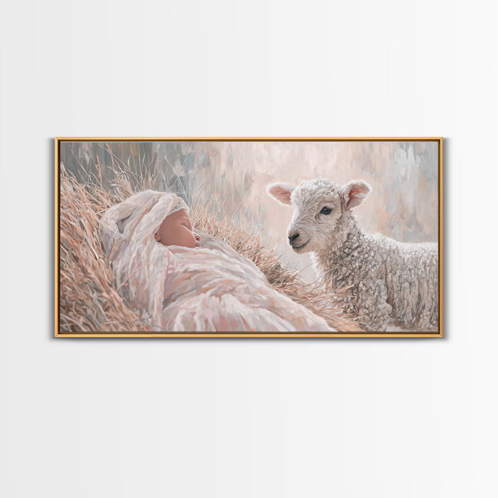 Lamb and Child – Framed Canvas Print – Jesus Painting – Christian Wall Art – Christian Art Canvas – Christian Christmas Art – Christian Dec
