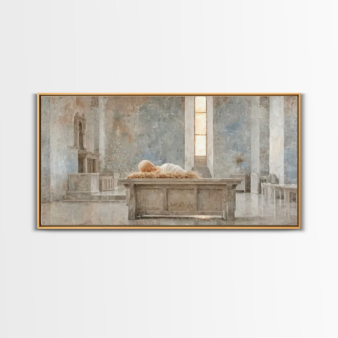 Sanctuary Manger Stillness | Framed Canvas Print | Christian Wall Art | Christian Art Canvas | Christian Christmas Art | Christmas Wall Art