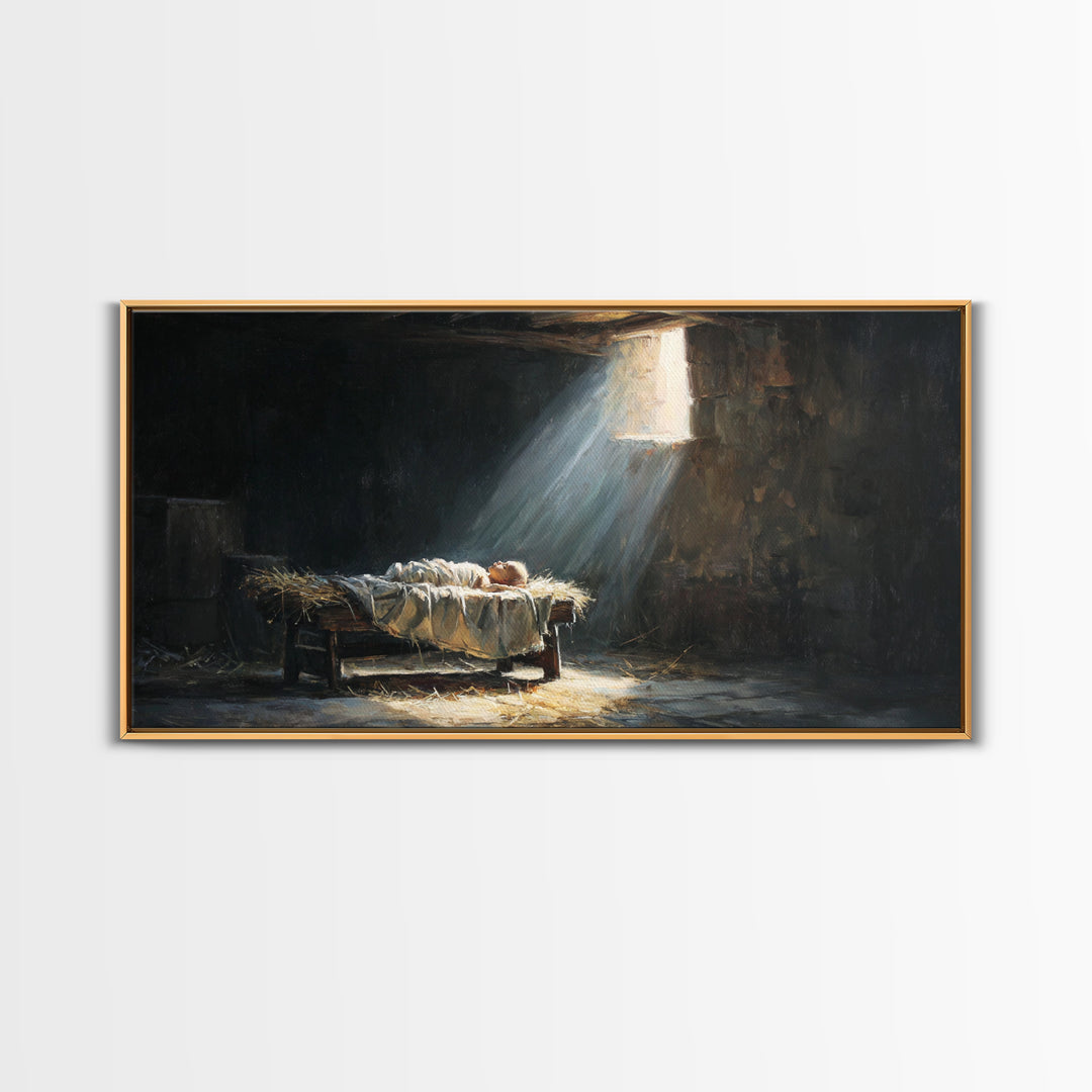 Manger Light Dawn | Framed Canvas Print | Christian Christmas Art | Christian Art Canvas | Christian Wall Art | Birth Of Jesus Painting | C