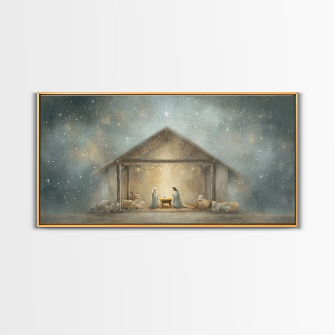 Holy Night Shelter – Framed Canvas Print – Christian Christmas Art – Framed Christmas Wall Art – Christian Art Canvas – Christmas Art Work